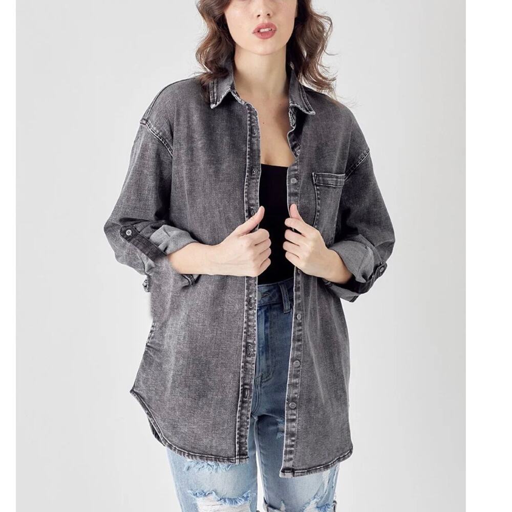 Risen Distressed Washed Black Denim Button Down Shirt Jacket 2XL